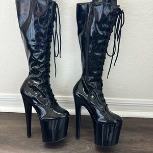 Pleasers 7” Black Patent lace up boots - Size 7